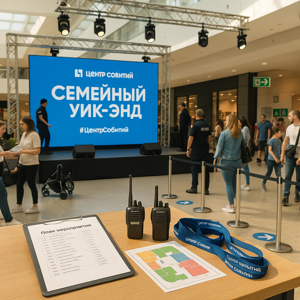 Атриум ТРЦ во время организованного семейного события: сцена с логотипом Центр Событий и хэштегом,