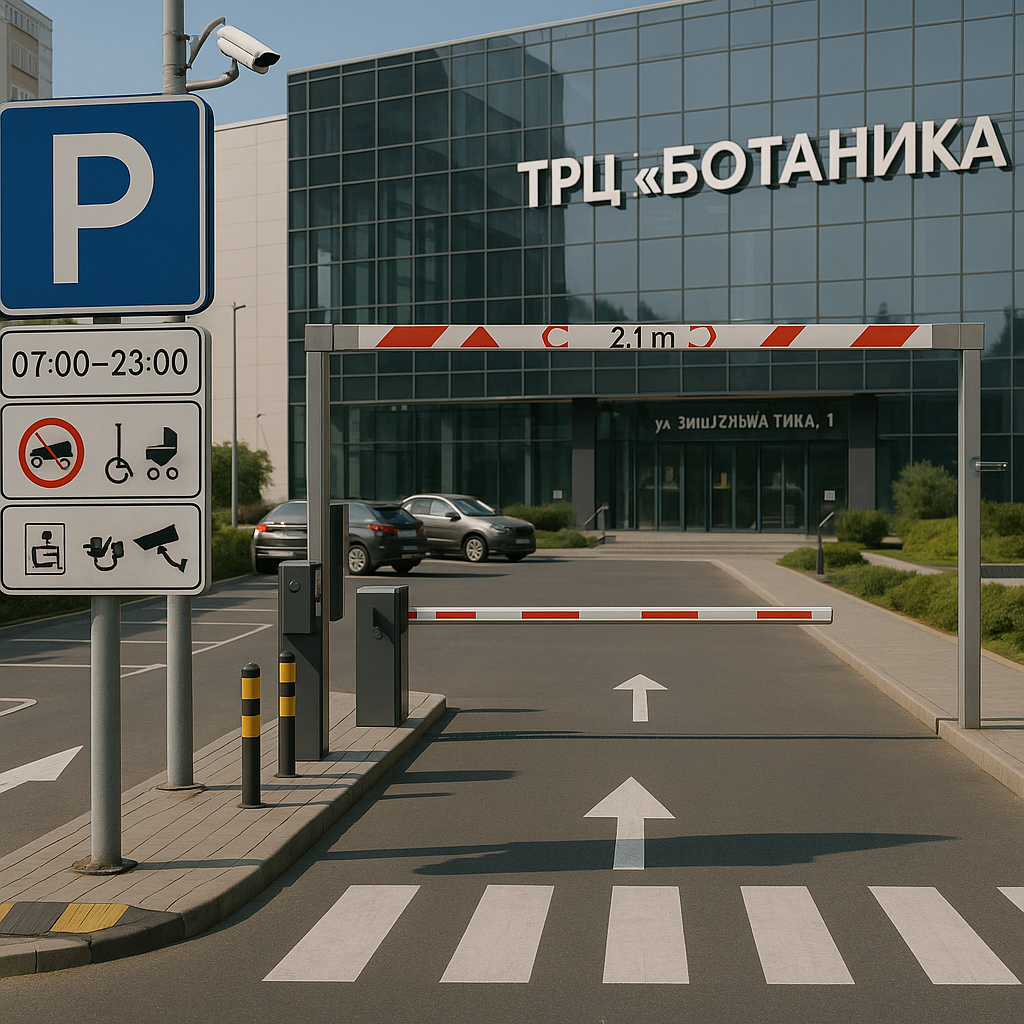 Въезд на парковку ТРЦ Ботаника (ул. Вильгельма Пика, 11): знак P, стрелки на асфальте,